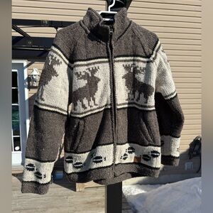 Unisex made in Nepal Cozy Knit Zipper Jacket with Deer Pattern